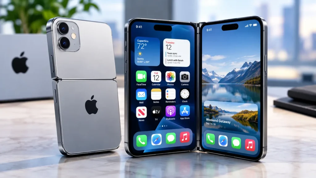 iPhone Duo foldable smartphone featuring outer and inner dual display screens