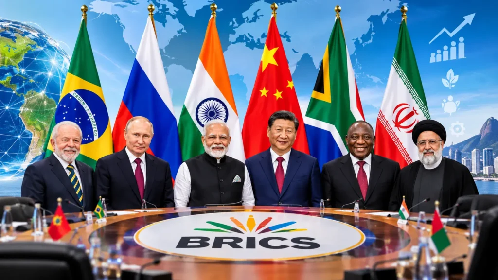 BRICS Summit 2026 flags and world leaders meeting in New Delhi