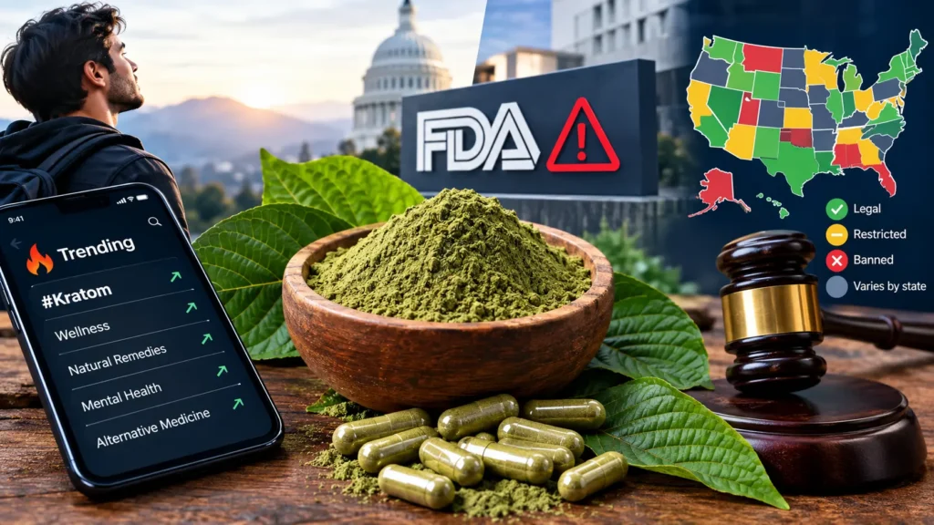 Kratom Trending 2026 products showing FDA warning labels and state regulation details