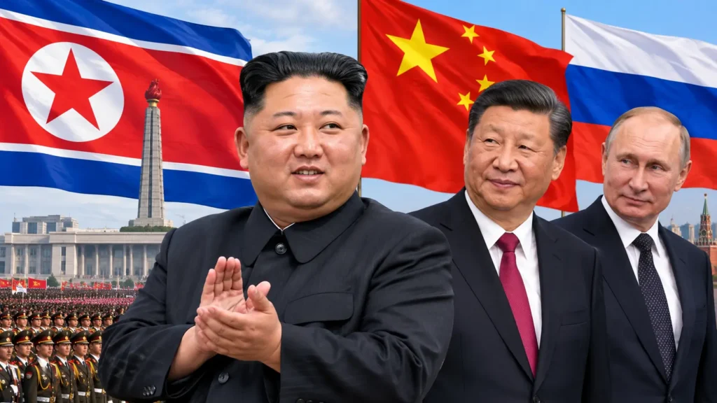 Kim Jong Un with Xi Jinping and Vladimir Putin on North Korea's Founding Day